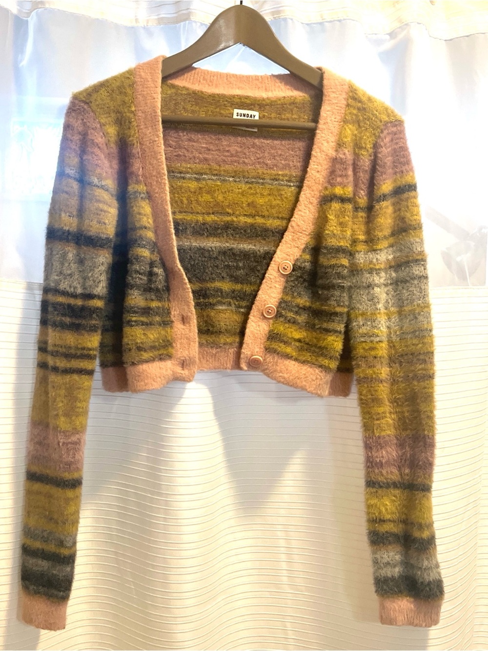 Sunday Cropped Fuzzy Stripe Cardigan - Pink, Mustard & Gray